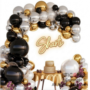 SET DE GLOBOS ARCO XL NEGRO ORO Y PLATA LA727 119 UNIDADES